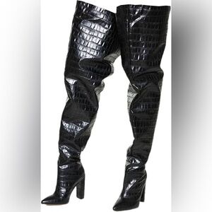 Women's Wide Stone Grain Chunky Heel Oversized Thigh High Boots